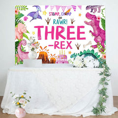 Aperturee - Aperturee Watercolor Pink Dinosaur Three Rex Birthday Backdrop