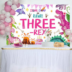 Aperturee - Aperturee Watercolor Pink Dinosaur Three Rex Birthday Backdrop