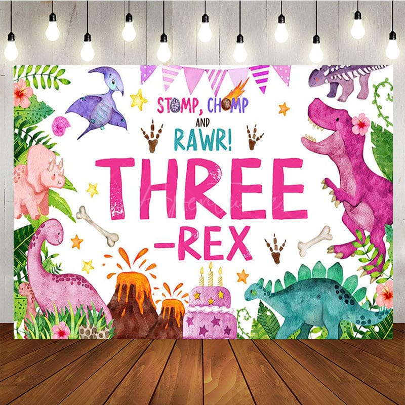 Aperturee - Aperturee Watercolor Pink Dinosaur Three Rex Birthday Backdrop