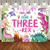 Aperturee - Aperturee Watercolor Pink Dinosaur Three Rex Birthday Backdrop