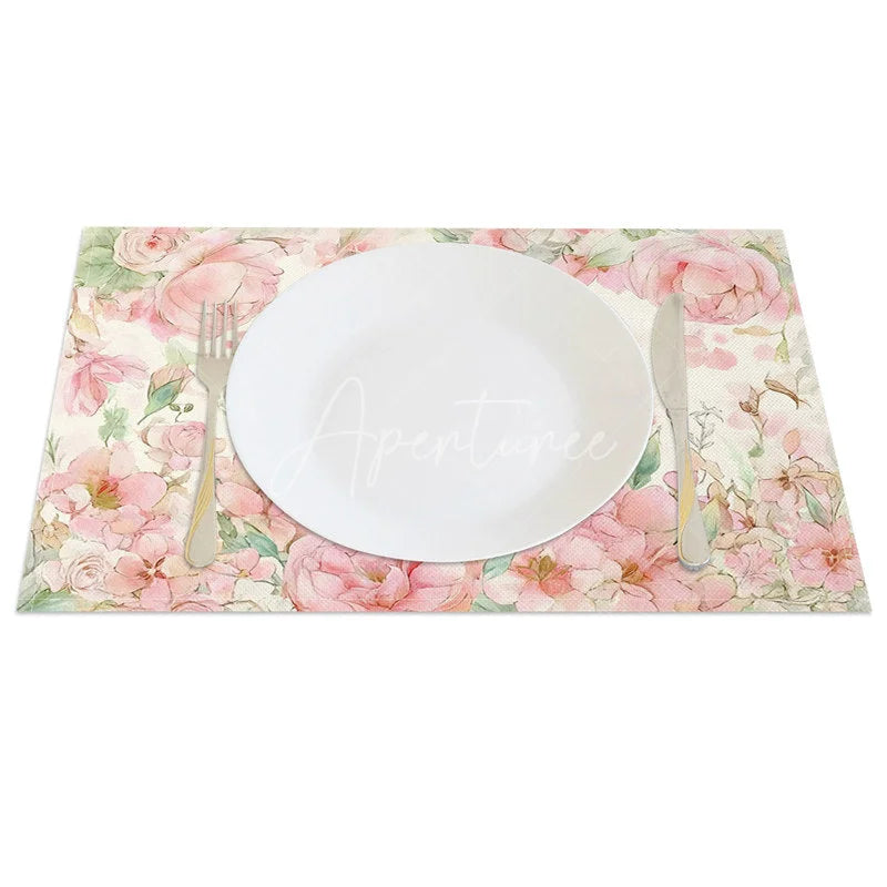 Aperturee - Aperturee Watercolor Pink Rose Set of 4 Placemats Easter Bunny Floral Spring Table Mats for Holiday Party