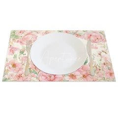 Aperturee - Aperturee Watercolor Pink Rose Set of 4 Placemats Easter Bunny Floral Spring Table Mats for Holiday Party