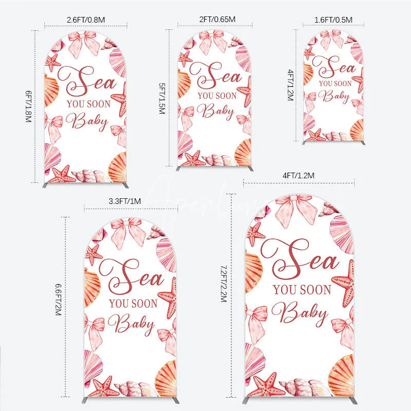 Aperturee - Aperturee Watercolor Pink Seashell and Starfish Arch Backdrop Sea You Soon Baby Shower Party Decoration