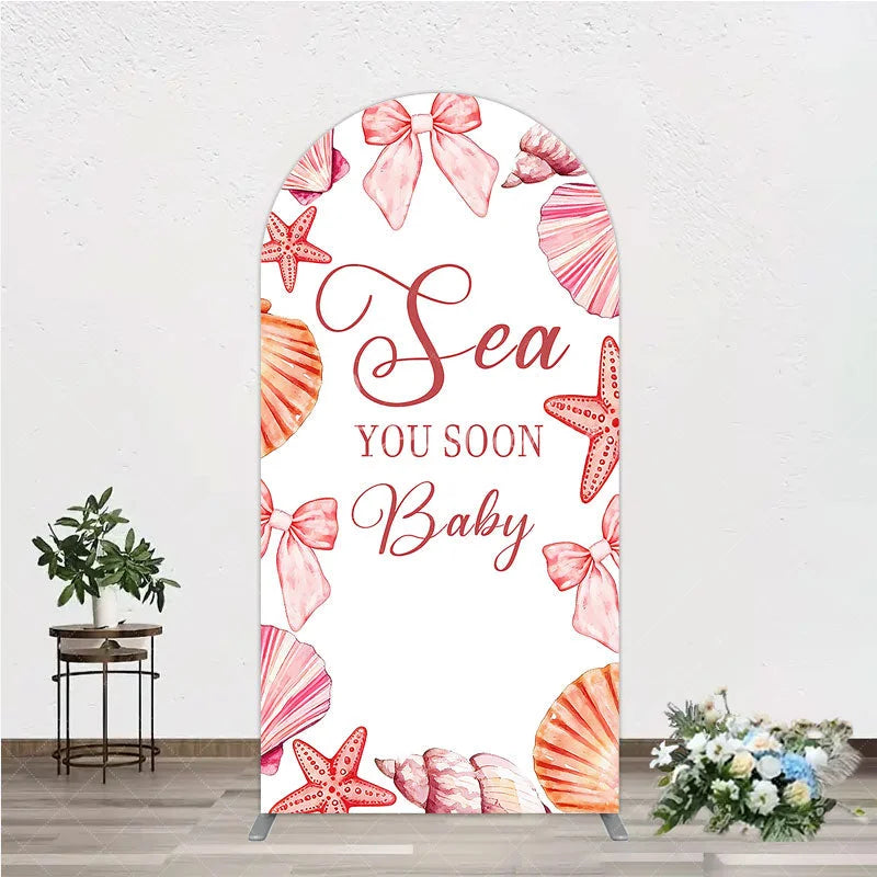 Aperturee - Aperturee Watercolor Pink Seashell and Starfish Arch Backdrop Sea You Soon Baby Shower Party Decoration