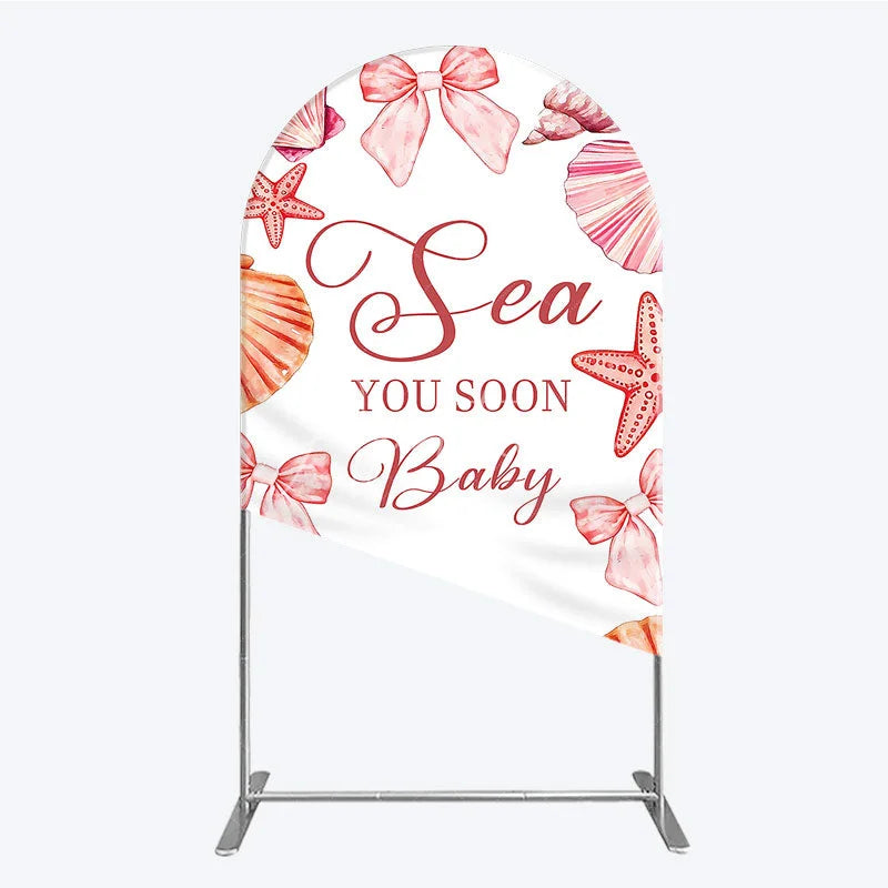 Aperturee - Aperturee Watercolor Pink Seashell and Starfish Arch Backdrop Sea You Soon Baby Shower Party Decoration