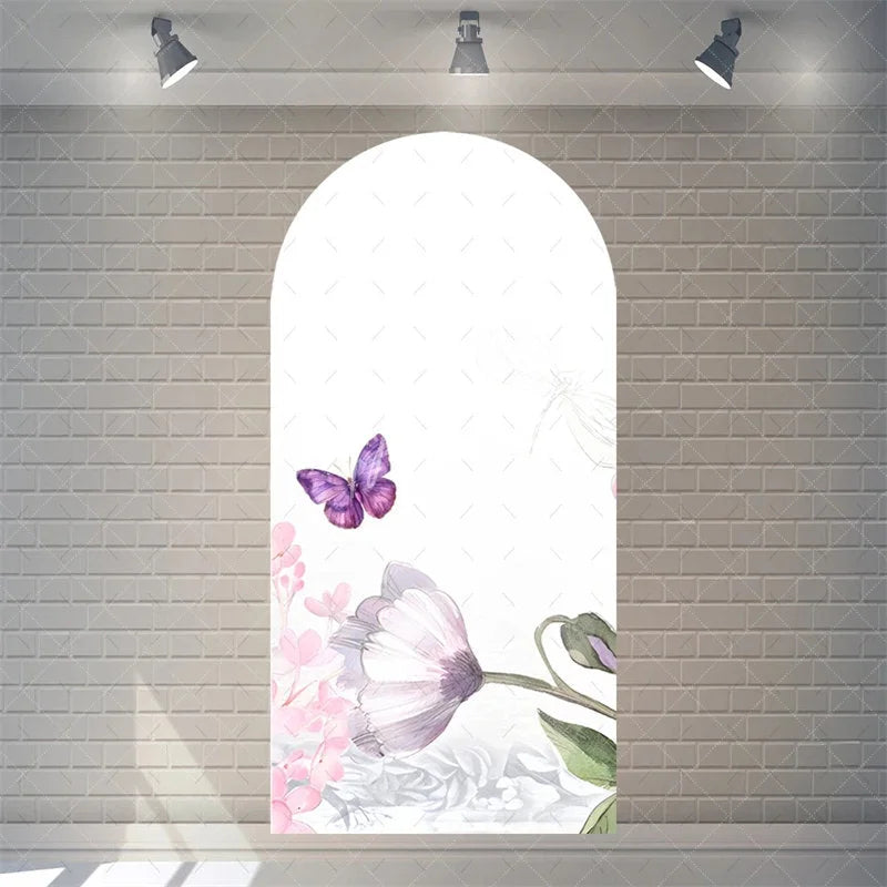 Aperturee - Aperturee Watercolor Purple Floral Arch Backdrop Pink Rose Flower Background for Wedding Party