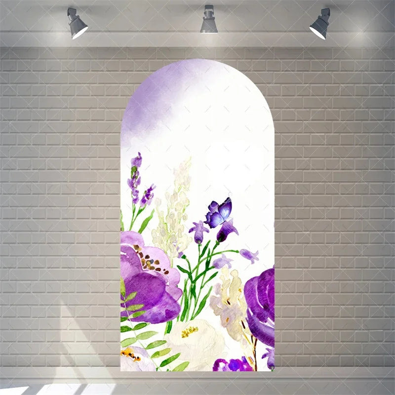 Aperturee - Aperturee Watercolor Purple Floral Arch Backdrop Pink Rose Flower Background for Wedding Party