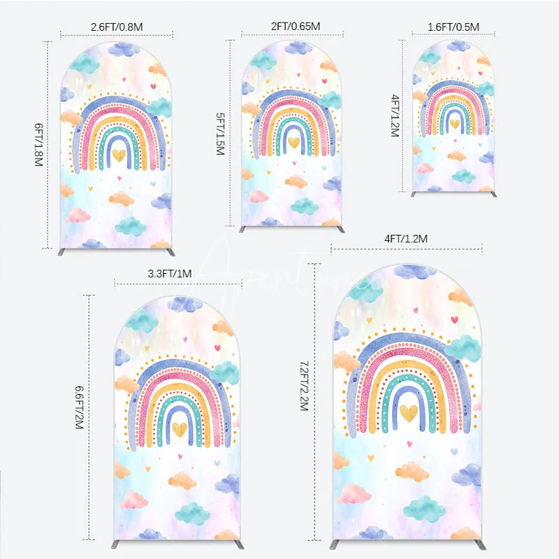 Aperturee - Aperturee Watercolor Rainbow with Pastel Clouds and Hearts Round Top Arch Backdrop Dreamy Baby Shower Birthday Decor