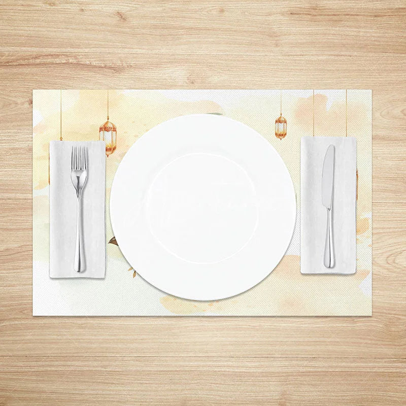 Aperturee - Aperturee Watercolor Ramadan Moon and Flowers Set of 4 Placemats Boho Floral Eid Mubarak Dining Table Mats for Home