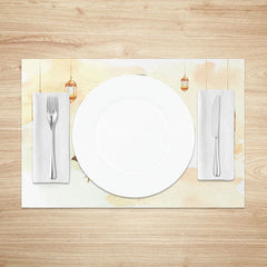 Aperturee - Aperturee Watercolor Ramadan Moon and Flowers Set of 4 Placemats Boho Floral Eid Mubarak Dining Table Mats for Home