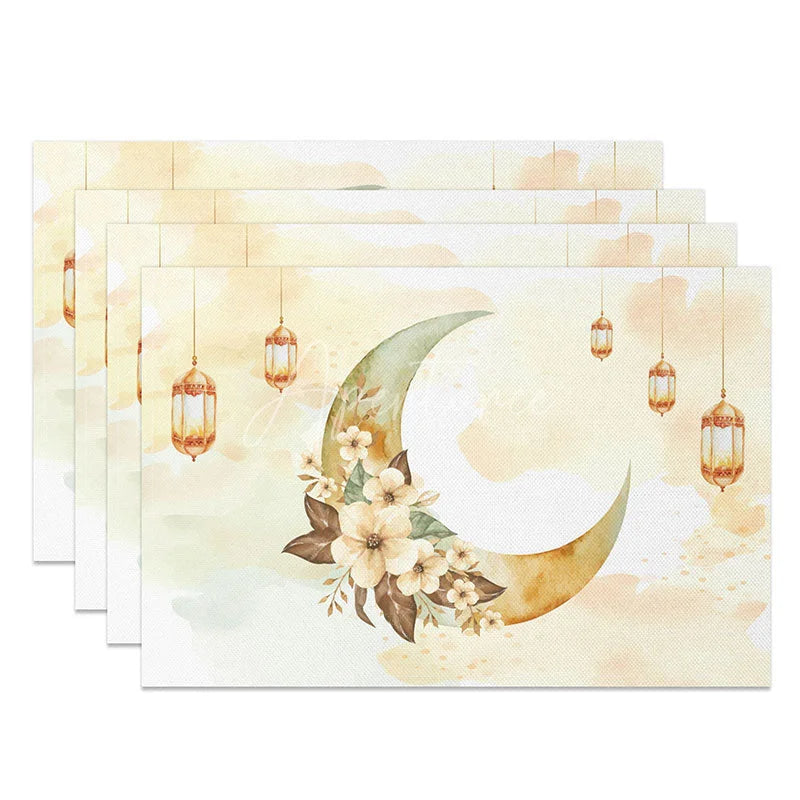 Aperturee - Aperturee Watercolor Ramadan Moon and Flowers Set of 4 Placemats Boho Floral Eid Mubarak Dining Table Mats for Home