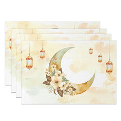 Aperturee - Aperturee Watercolor Ramadan Moon and Flowers Set of 4 Placemats Boho Floral Eid Mubarak Dining Table Mats for Home