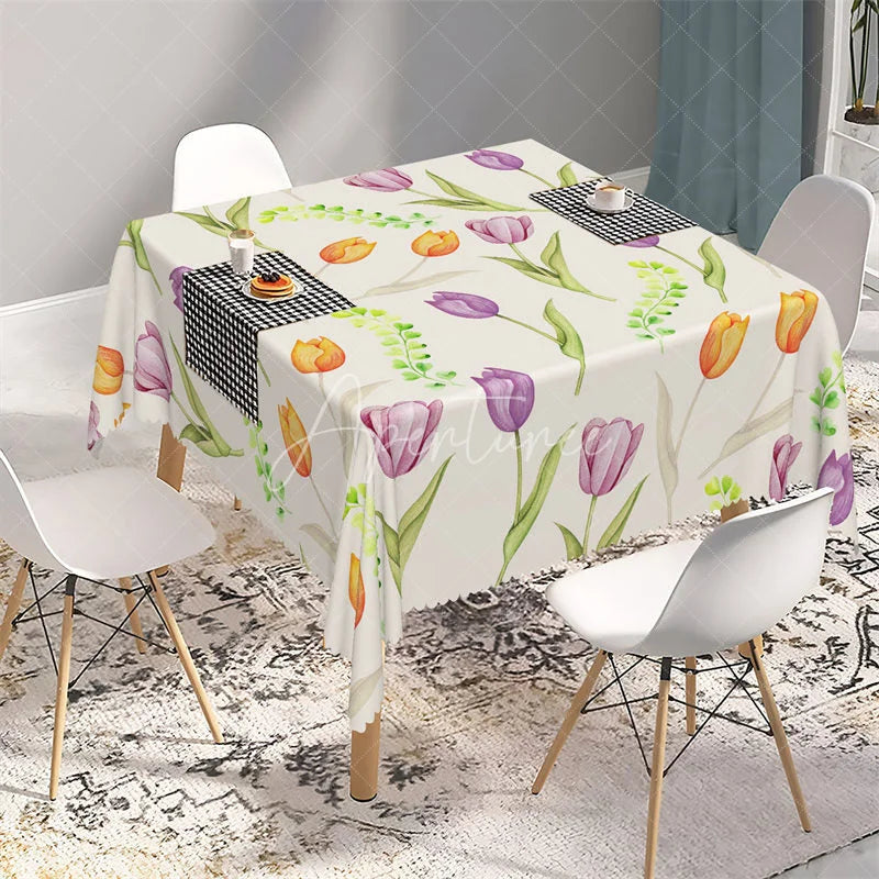 Aperturee - Aperturee Watercolor Spring Tulip Floral Rectangle Tablecloth Purple and Orange Flower Pattern Table Cover
