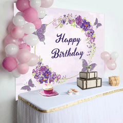 Aperturee - Aperturee Watercolor Violet Floral Butterfly Birthday Backdrop
