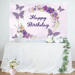Aperturee - Aperturee Watercolor Violet Floral Butterfly Birthday Backdrop