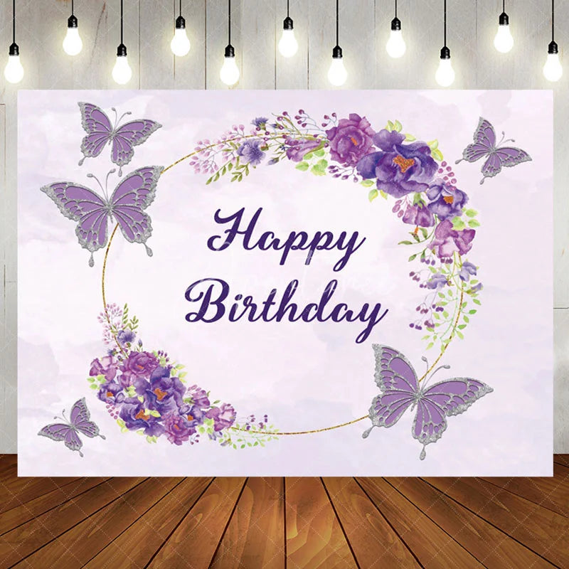 Aperturee - Aperturee Watercolor Violet Floral Butterfly Birthday Backdrop