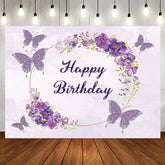 Aperturee - Aperturee Watercolor Violet Floral Butterfly Birthday Backdrop