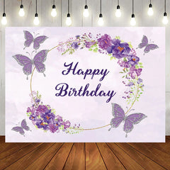 Aperturee - Aperturee Watercolor Violet Floral Butterfly Birthday Backdrop