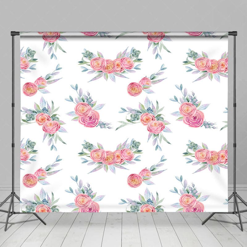 Aperturee - Aperturee Watercolor White Pink Rose Leaves Photo Backdrop