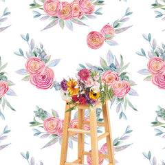 Aperturee - Aperturee Watercolor White Pink Rose Leaves Photo Backdrop