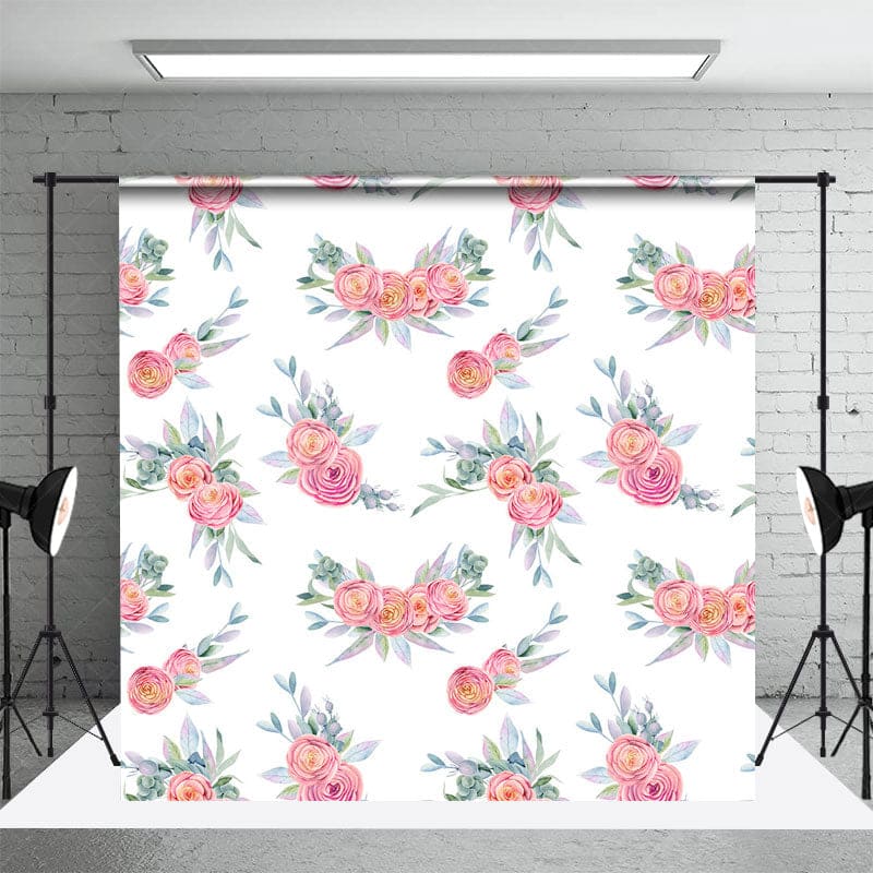 Aperturee - Aperturee Watercolor White Pink Rose Leaves Photo Backdrop