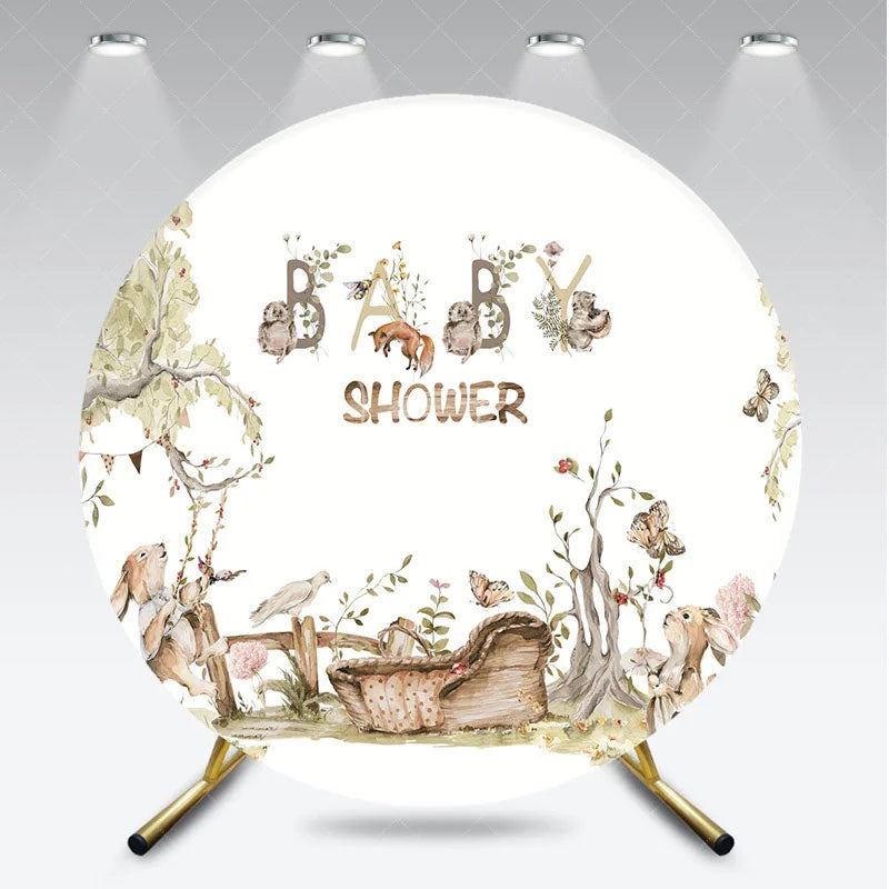 Aperturee - Aperturee Watercolor Woodland Animals Baby Shower Round Backdrop with Fox Rabbits and Forest Trees