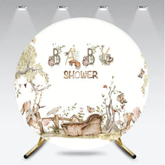 Aperturee - Aperturee Watercolor Woodland Animals Baby Shower Round Backdrop with Fox Rabbits and Forest Trees