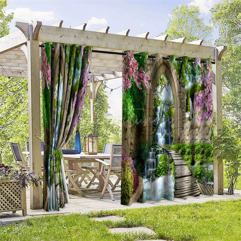 Aperturee - Aperturee Waterfall Bridge Waterproof Printed Outdoor Curtains