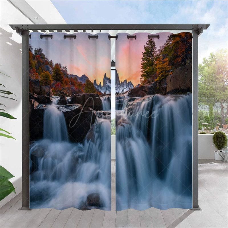 Aperturee - Aperturee Waterfall Landscape Waterproof Outdoor Curtains For Gazebo
