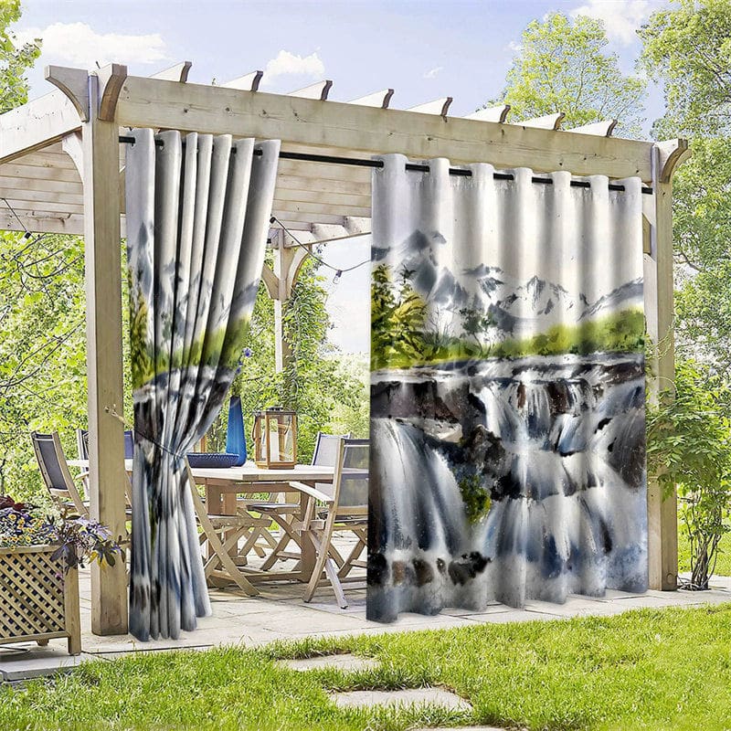 Aperturee - Aperturee Waterfall Mountain Waterproof Printed Outdoor Curtains