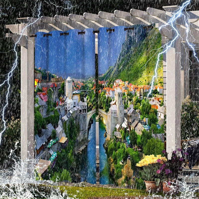 Aperturee - Aperturee Waterproof Printed Landscape Outdoor Curtains For Gazebo