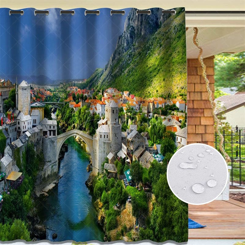 Aperturee - Aperturee Waterproof Printed Landscape Outdoor Curtains For Gazebo
