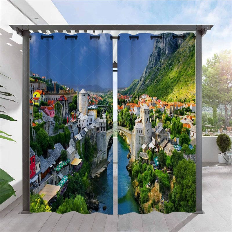 Aperturee - Aperturee Waterproof Printed Landscape Outdoor Curtains For Gazebo