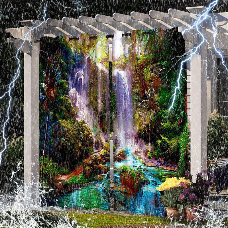 Aperturee - Aperturee Waterproof Tribal Waterfall Landscape Outdoor Curtains For Gazebo