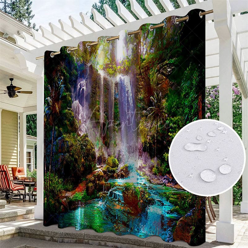 Aperturee - Aperturee Waterproof Tribal Waterfall Landscape Outdoor Curtains For Gazebo