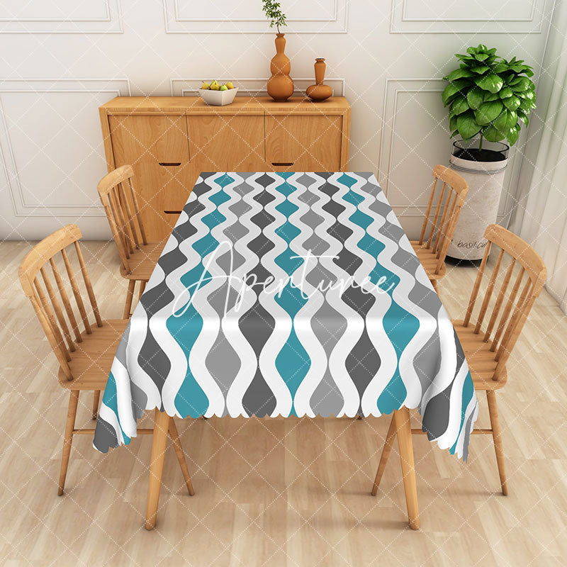 Aperturee - Aperturee Wavy Blue And Grey Print Rectangular Tablecloth