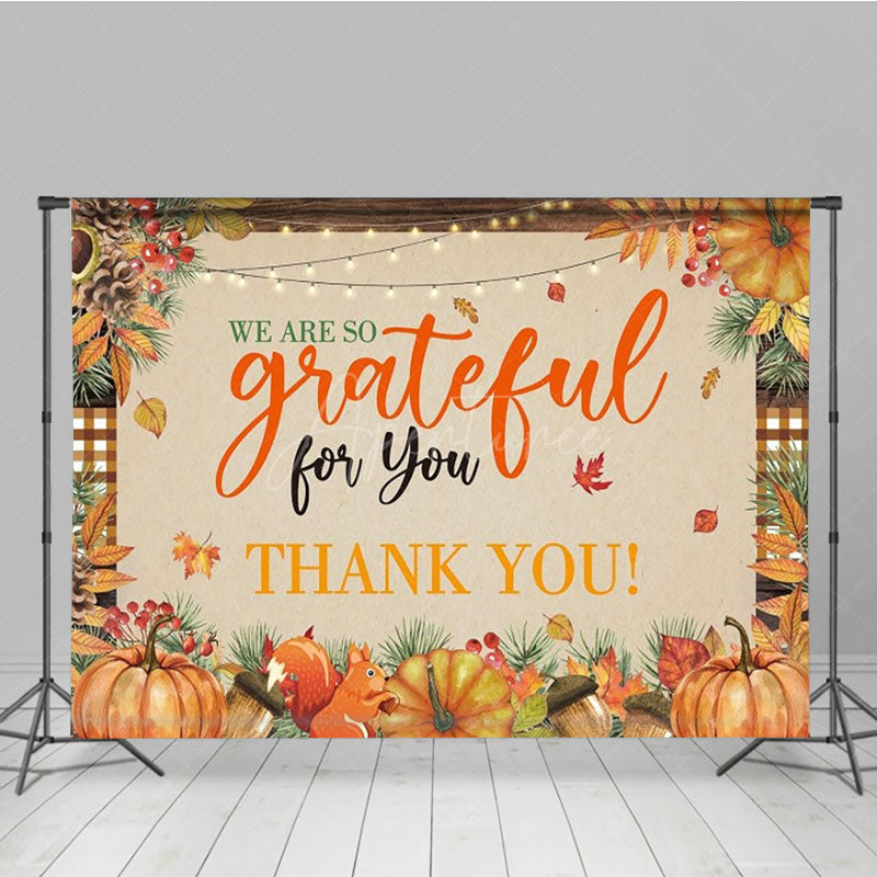 Aperturee - Aperturee We Are So Grateful For You Thanksgiving Backdrop Rustic Autumn with Pumpkins Fall Harvest Party Decor