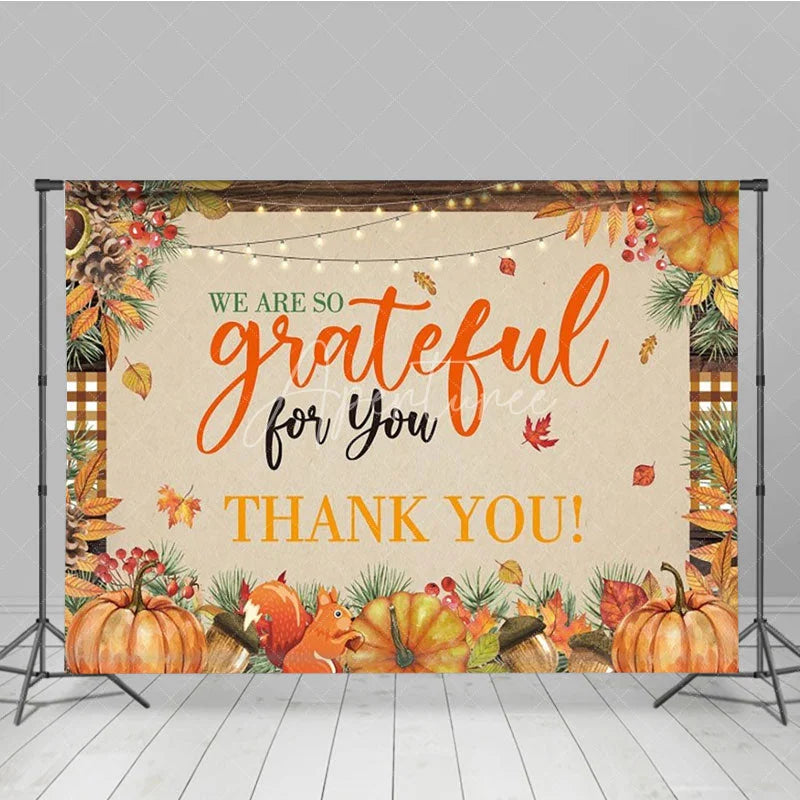 Aperturee - Aperturee We Are So Grateful For You Thanksgiving Backdrop Rustic Autumn with Pumpkins Fall Harvest Party Decor