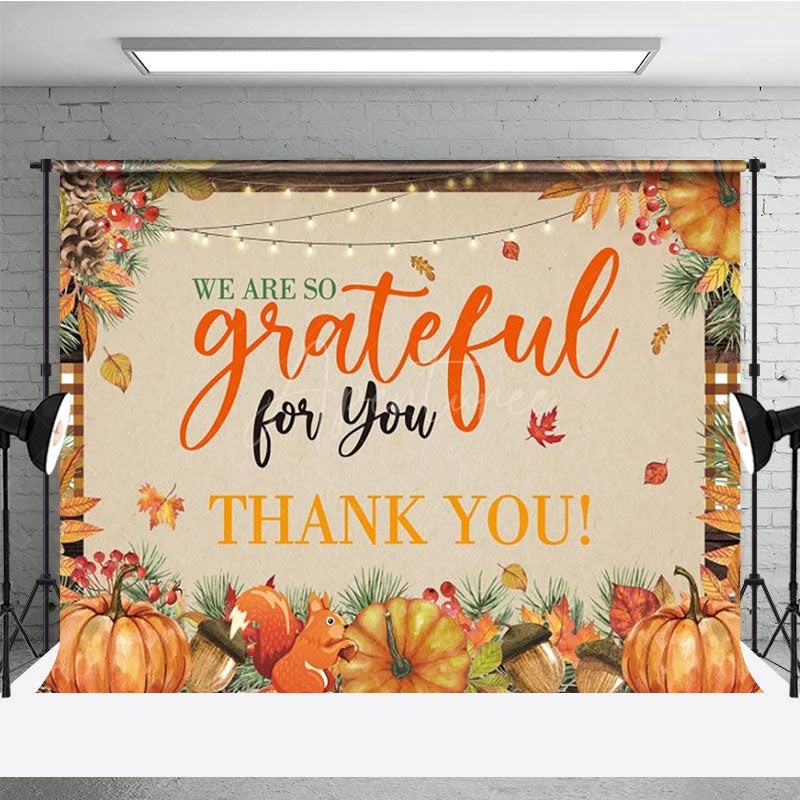 Aperturee - Aperturee We Are So Grateful For You Thanksgiving Backdrop Rustic Autumn with Pumpkins Fall Harvest Party Decor