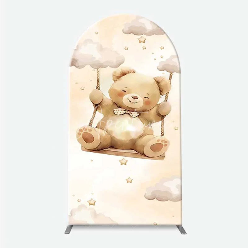 Aperturee - Aperturee We Can Bearly Wait Arch Backdrop for Baby Shower Cute Teddy Bear on Clouds with Balloons Neutral Party Decor