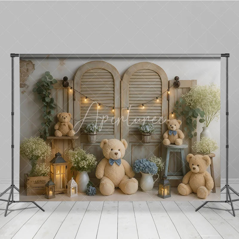 Aperturee - Aperturee We Can Bearly Wait Teddy Bear Photography Backdrop Rustic Shutters with Blue Hydrangeas Baby Shower Cake Smash