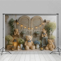 Aperturee - Aperturee We Can Bearly Wait Teddy Bear Photography Backdrop Rustic Shutters with Blue Hydrangeas Baby Shower Cake Smash