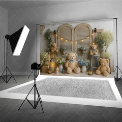 Aperturee - Aperturee We Can Bearly Wait Teddy Bear Photography Backdrop Rustic Shutters with Blue Hydrangeas Baby Shower Cake Smash