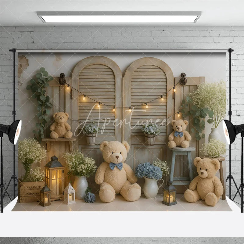 Aperturee - Aperturee We Can Bearly Wait Teddy Bear Photography Backdrop Rustic Shutters with Blue Hydrangeas Baby Shower Cake Smash