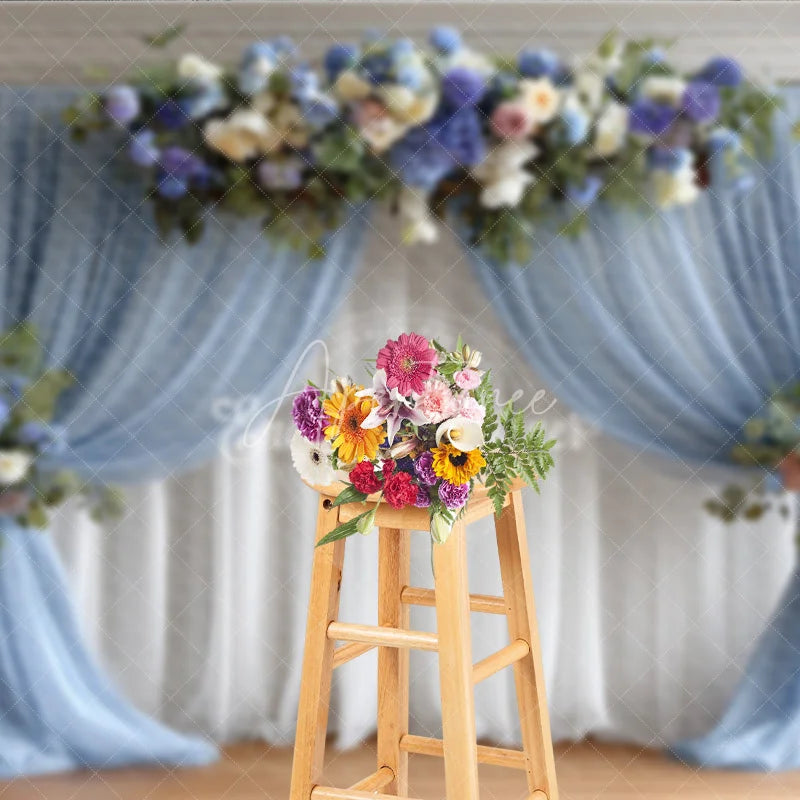 Aperturee - Aperturee Wedding Arch Backdrop Dusty Blue Drapes with Floral Decor Elegant Bridal Shower Photo Booth Background