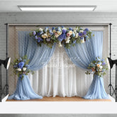 Aperturee - Aperturee Wedding Arch Backdrop Dusty Blue Drapes with Floral Decor Elegant Bridal Shower Photo Booth Background