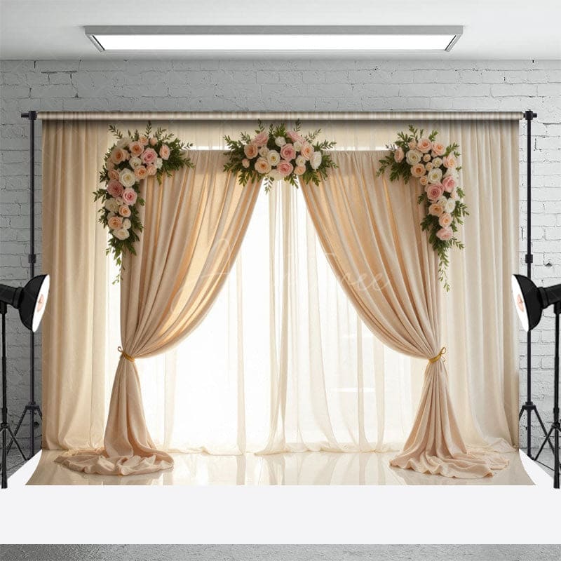 Aperturee - Aperturee Wedding Statement Floral White Curtains Backdrop