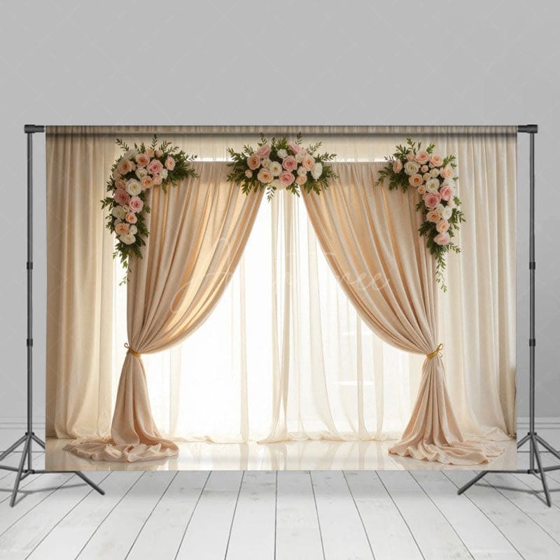 Aperturee - Aperturee Wedding Statement Floral White Curtains Backdrop