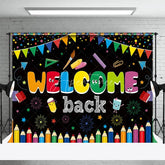 Aperturee - Aperturee Welcome Back School Backdrop Colorful Pencils Books and Supplies for Classroom Party Decor