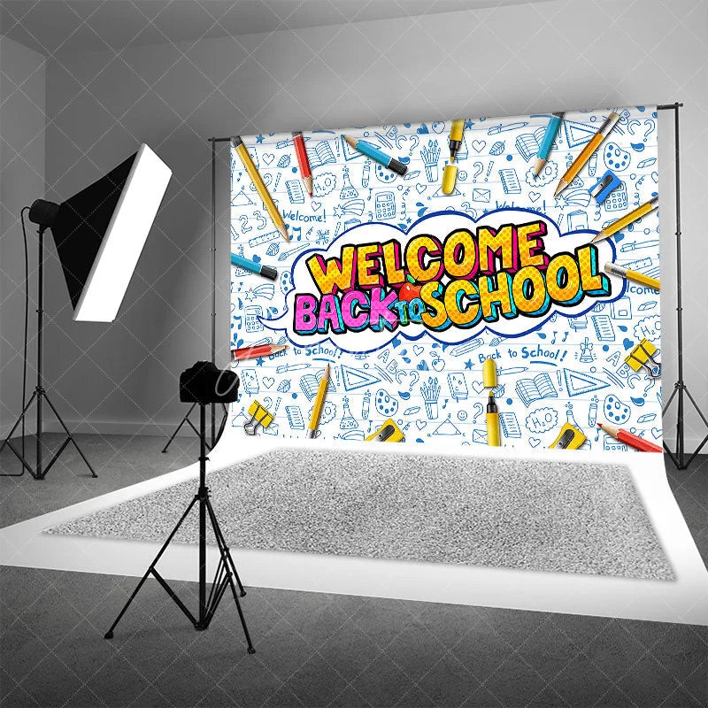 Aperturee - Aperturee Welcome Back to School Backdrop Vibrant Educational Supplies Photo Background for Kids First Day Party